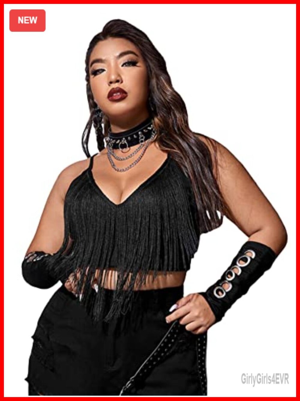 Plus Size V Neck Fringe Trim Spaghetti Strap Crop Cami Top